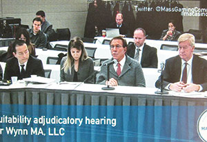 Casino owner Steve Wynn (2nd from right), who plans to build a resort casino on the Mystic River in Everett, appeared before the Massachusetts Gaming Commission Monday in a public hearing that was streamed live on the internet, accompanied by (left to right) Wynn Resorts executives James Stern and Kim Sinatra, and former Gov. William Weld, who was acting as Wynn’s attorney.