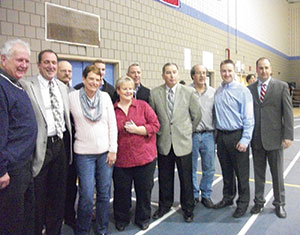 Friends and family of Lorne A. Murphy, known as “Mr. Murph,” attended a ceremony in his honor prior to the Somerville-Malden game at the Brune Field House Jan. 10.