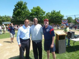 Dennis "Oil Can" Boyd with Mayor Joe Curtatone and SLL Board member Sean Fitzgerald Team White won 4-1, in a very well-played close contest