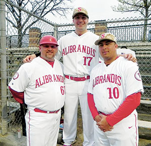 (L to R) Alibrandis first base coach John Moore along with players Kevin Salines and Anthony Perry. — Photo courtesy Cameron Lynch