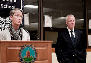 DMH Area Director Patricia Kenny and Vinfen CEO Bruce Bird fielded questions and updated concerned attendees on the immediate plans for the Central St. Group home. ~Photos by Douglas Yu