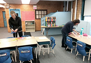 Teachers and volunteers spent the weekend preparing temporary classrooms at Capuano Early Childhood Center, Edgerly School, and East Somerville Community School.