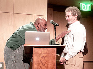 The South End Technology Center’s Mel King presented a sticker to Professor Gershenfeld at last week’s Fab 11 press conference.