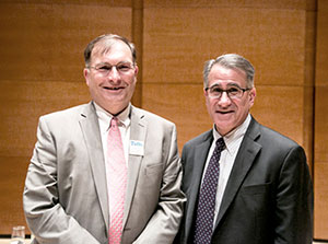 Tufts University School of Engineering 2015 Outstanding Career Achievement Award recipient Paul Kelly (left) with Tufts President Anthony P. Monaco (right).        ~Photo by Kelvin Ma/Tufts University 