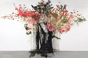 Resa Blatman’s “Gaia, Part 2,” 2015, oil and Latex paint on laser-cut PVC, PETG, and Mylar; knitted yarn; silk and plastic flora, 96h x 168w x 24d inches. — Copyright by Resa Blatman 