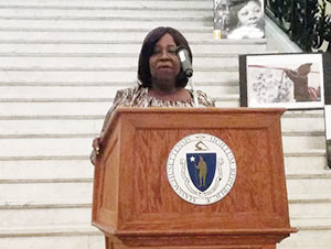 Denise Cosby, whose son was murdered in 2009, spoke at the Survivors of Homicide Victims Awareness Month opening ceremony at the State House last week. 