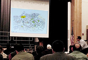 Somerville residents were briefed on the latest developments in the SomerVision Union Square neighborhood plan at a public meeting held last week at the Argenziano School. ~Photo by Josie Grove