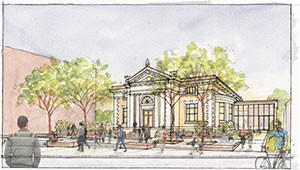 Conceptual drawing of proposed community terrace and new wing as possible features of the renovated West Branch Library.
