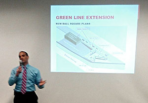 Mayor Curtatone updated Ward 7 residents on the current efforts to keep the Green Line Extension project on track. ~Photos by Amy Swain