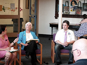 State senate candidates, incumbent Pat Jehlen and challenger Leland Cheung engaged in a lively debate at last week’s Democratic meeting.