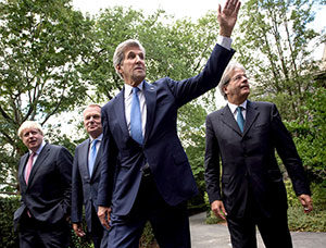 (L-R): Boris Johnson, secretary of state for foreign and commonwealth affairs of the United Kingdom of Great Britain and Northern Ireland; Jean-Marc Ayrault, minister of foreign affairs and international development of the French Republic; U.S. Secretary of State John Kerry; and Paolo Gentiloni, minister of foreign affairs of the Italian Republic. ~ Photo by Alonso Nichols, Tufts University.