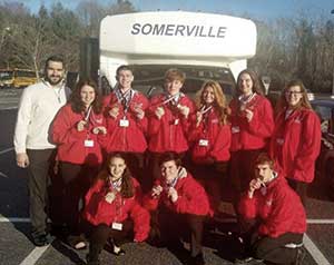 SkillsUSA group with advisors. Back row (L to R) Mario Sousa, Charlotte Kafka-Gibbons, Sam Saron, Kyle Lentini, Halle Huges, Marissa Toner, Meghan Groskof. Front Row (L to R) Emily Sabatino, Nolan Roche and Steve Hawkins. 